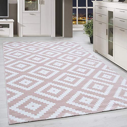 HomebyHome Teppich Wohnzimmer 120x170 cm Rosa und Weiss Moderne Skandinavisch Design - Esszimmer und Schlafzimmer Teppich Kurzflor Teppiche Extra Weich Pflegeleicht - Boho Ethno Carpet Living Room