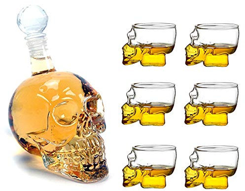 BKFG Decantatore con 6 bicchieri a forma di teschio, 550 ml e caraffa in vetro da 75 ml con teschio, per bar, feste e Halloween