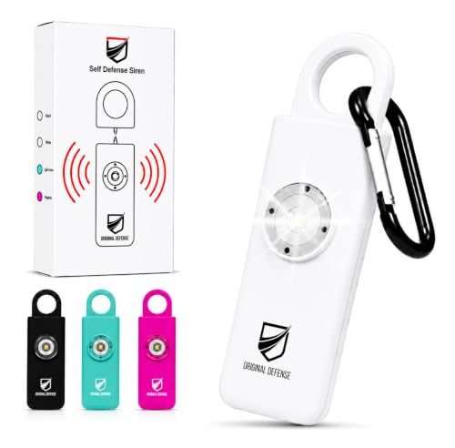 Original Defense Siren Alarme d'autodéfense – Porte-clés d'alarme 130 dB avec lumière stroboscopique LED pour femmes, enfants et personnes âgées – Recommandé par la police – (blanc, 1 pièce)