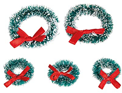 Rayher Weihnachtskränze Miniatur, beschneit, mit roter Schleife, 5 Mini-Tannenkränze, 2 Stück 5 cm ø + 3 Stück 3 cm ø, 46598282