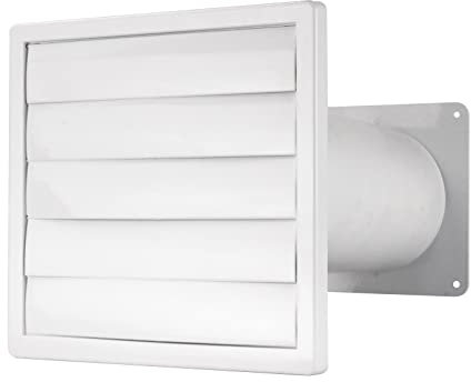 Pasamuros para muro, campana extractora, rejilla de láminas blanca con válvula antirretorno de 150 mm de diámetro
