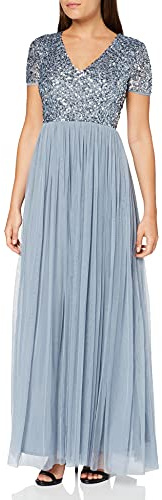 Maya Deluxe Women's Ladies Dress for Wedding Guest Plus Size Empire High Waist Sequins Short Sleeve Evening Bridesmaid