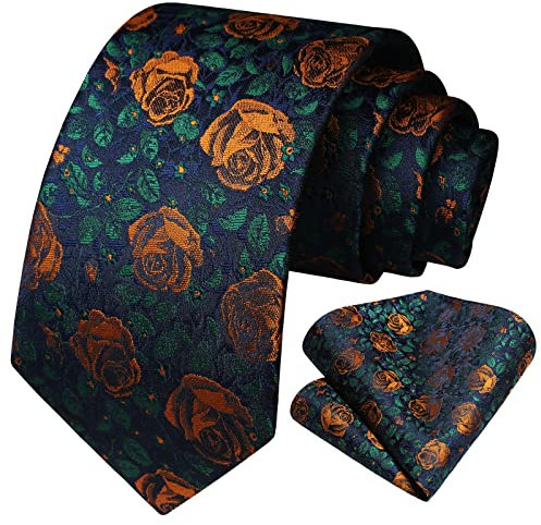 HISDERN Krawatte Blau Herren Elegant Floral Hochzeit Krawatten mit Einstecktuch Klassisch Business Party Paisley Blumen Krawatte & Taschentuch Set