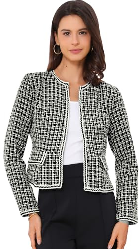 Allegra K Blazer da Donna in Tweed Scozzese retrò, Nero, L