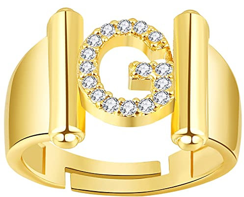 JewelryWe Schmuck Damen-Ring Buchstabe Ring Verstellbare Initiale Alphabet G Band Ringe mit Zirkonia Gravur Geschenk für Frauen Mädchen Gold
