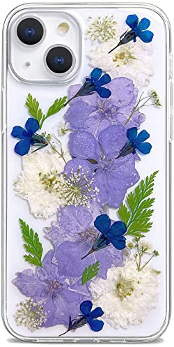 Efitoo Designed for iPhone 14 Case Floral Design Cute Clear Real Dry Pressed Flower Bling Glitter Sparkle Soft Silicone TPU Aesthetic Phone Cover for Women Girls (Navy Flower)