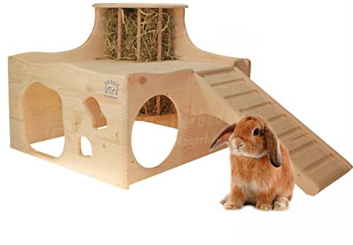 Resch Nr45 Heuburg, naturbelassenes Massivholz aus Fichte/Mit Einer Zwei Etagen Heuraufe, Zwei großen EIN-/Ausgängen und Einer Rampe zur Terrasse/Maße: 43,4 x 66,5 x 35cm (LxBxH)