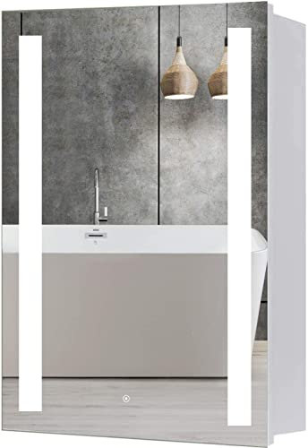NAIMP Bathroom Mirror Cabinet, Illuminated Wall-Mounted Bathroom Storage Cupboard with Light Shaver Socket,Demister Pad & Touch Switch Control For Makeup Cosmetic Shaver Charging,IP44