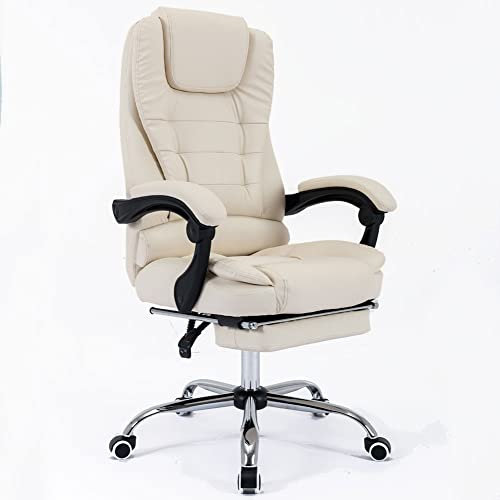 BAKAJI Poltrona da Scrivania in Eco Pelle con Schienale Reclinabile e Poggiapiedi, Base Acciaio e 5 Ruote Ruotanti a 360 Gradi, Sedia Presidenziale da Ufficio con Altezza Regolabile (Crema)