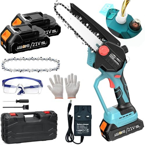 Mini Chainsaw 6 inch Cordless [with 2Pcs 21V 2000mAh Batteries],allOne Electric Handheld Brushless Pruning Chainsaw,Portable Battery Powered Chain Saw for Cutting Tree Branches,Trimming Wood