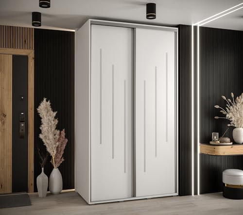 MEBLE KRYSPOL Davos 8 140 Schrank mit Zwei Schiebetüren für Schlafzimmer - Moderner Aufbewahrungsschrank mit Kleiderstange und Regalen - 235,2x140x60 cm - Weiß Weiß Silber