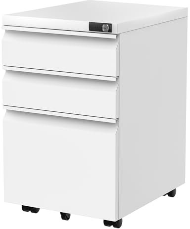 FlexiSpot CB31-V2 3-Drawer Mobile File Cabinet With Combination Lock and Wheels for Home Office - Letter and A4 Sized Documents - Under Desk Filing Cabinet in White