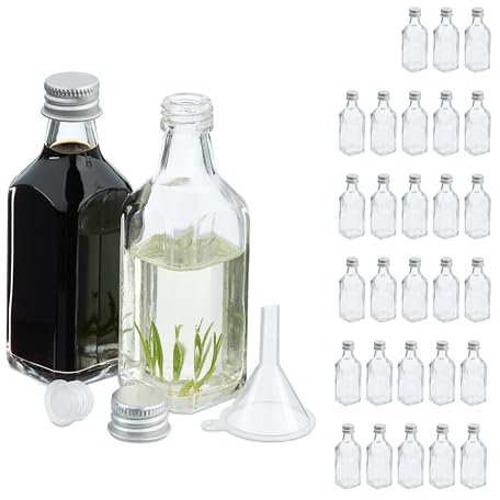Relaxdays Mini Bouteilles en Verre, Lot de 30, Petites fioles à remplir, 50 ML, Bouchon à vis, Transparent/argenté