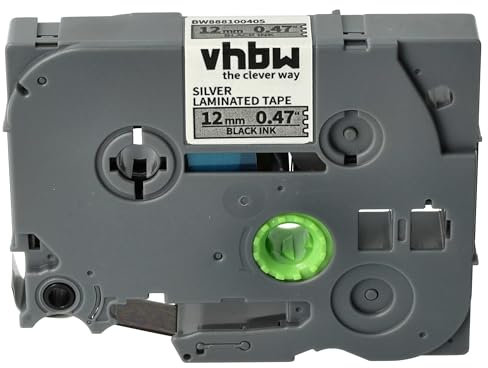 vhbw Schriftband-Kassette kompatibel mit Brother PT 2450, 2430PC, 2450CC, 2450DX, 2430PC Etiketten-Drucker 8m x 12mm Schwarz auf Silber, Laminiert