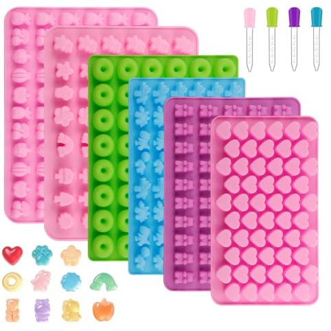 WATUNID 6 Pack Gummy Silicone Moulds Set with 4 Dropper, Candy Bear Mould | Silicone Moulds Heart Fruit Bear Dinosaur Designs, Non-Stick Easy Release for Chocolate, Candy, Jelly,Gummy, Ice Cubes