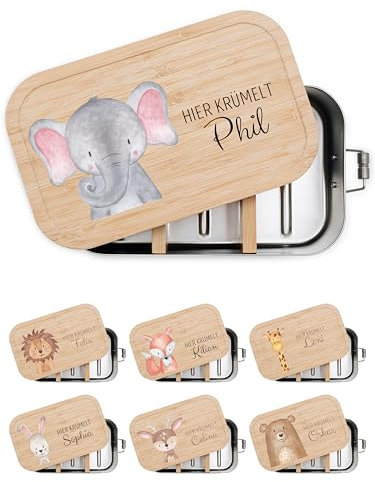 wunderwunsch® - Personalisierte Brotdose für Kinder - Robuste und Individuelle Edelstahl Brotdose mit Namen - Personalisierte Geschenke für Kinder (klein Edelstahl,Elefant)