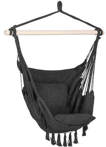 Springos Sillón colgante brasileño con cojín de 150 kg, mecedora boho de algodón/poliéster con estructura de madera, color gris oscuro, bolsillo lateral, ideal para jardín, terraza y hogar