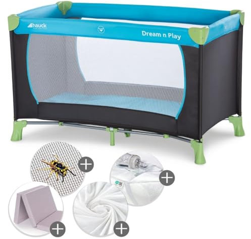 hauck Baby Reisebett Dream N Play XXL-Sparset mit Matratze, Insektenschutz, Betteinlage & Spannbettlaken - faltbares Kinder Babyreisebett mit Tasche - Waterblue