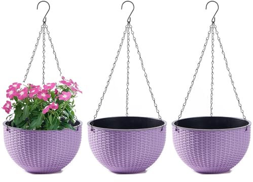 WOWEI Lot de 3 Pots de Fleurs Suspendus avec Nchaînes en Acier Inoxydable Pot Suspendu Plante avec Réservoir d'eau et Trou de Drainage Intérieur Exterieur Balcon et Jardiniere Suspendue (Violet, S)
