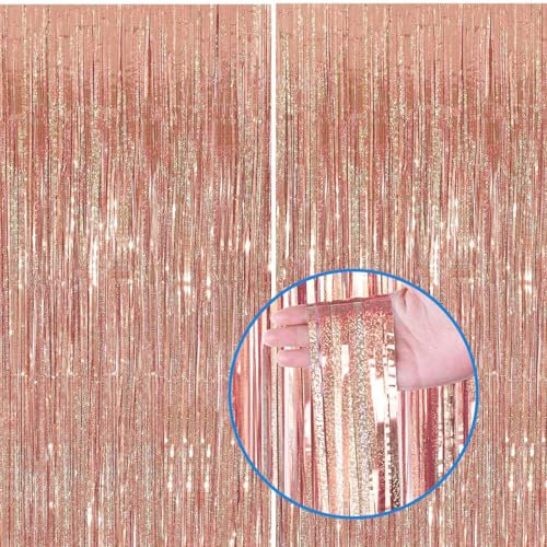 Jonami Rideau Métallique Rosegold Brillant, Rideaux à Franges en Aluminium, Tinsel Toile de Fond pour Photos de Fête Rose Or, Decoration Anniversaire