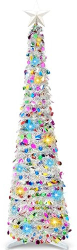 JOIEDOMI 5 Ft Pop up Pencil Christmas Tree Tinsel with Lightsand Star, Collapsible Christmas Decorations with Timer for Holiday Indoor Home Office Decor