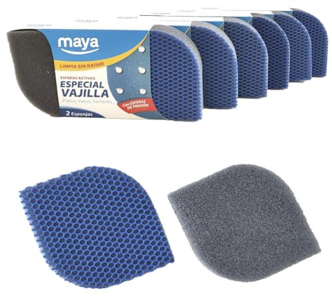 MAYA Estropajo EVO para Vajillas. Limpia sin Rayar. No Deja Restos de Comida. Lavables en Lavavajillas y Lavadora. Dimensiones 12x8,5x2,5 cm Pack de 12 Estropajos (Azul)