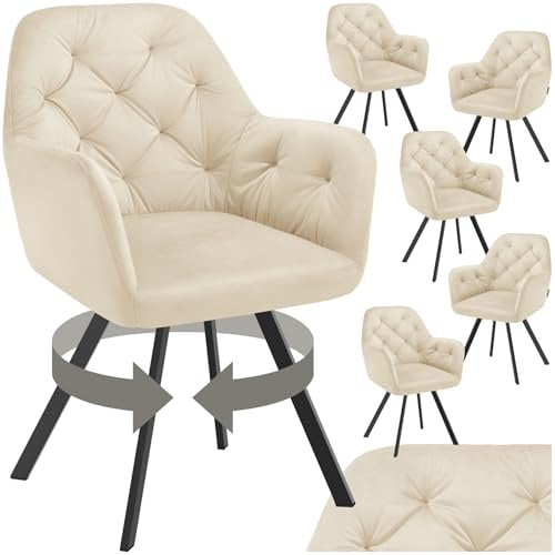 tectake® 6er Set Esszimmerstühle drehbar mit Armlehne, Samtstoff Drehstuhl ergonomisch, Möbel für Wohnzimmer, Stühle für Dining Lounge, Office, als Schminkstuhl oder Schreibtischstuhl - Creme