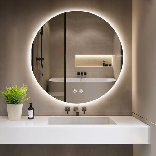 GIMBELEN Runder Spiegel mit Beleuchtung, Badspiegel mit Beleuchtung, 3 Lichtfarben, dimmbar, Touchschalter, Speicherfunktion, Explosionsgeschütztes, Rund Badezimmerspiegel 50 cm