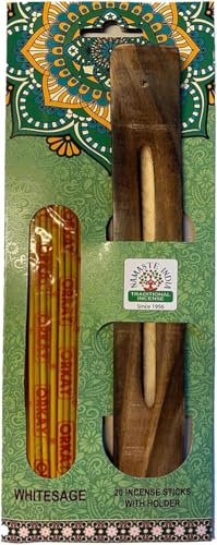 Namaste India Porta incenso con 20 bastoncini di incenso, robusto contenitore di design con raccogli cenere, ideale per coni, bobine di incenso, yoga e meditazione (sandalo + supporto)