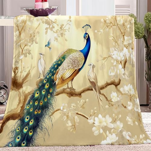 Flanelldecke Kuscheldecke Gold Grün für Couch leichte weiche gemütliche All Seasons Lounge Wohnzimmer-Deko-Decke, 3D Vogel Pfau Zweig Drucken Wohndecke Warm Decke 150 x 200 cm