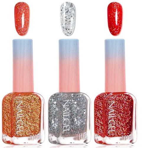 Glitter Nail Polish Set - Red Nail Varnish Sets - 3PCS Sparkly Nail Polish Quick Dry - Red Silver Coral Nail Polish - Red Iridescent Nail Polish No Bake Long Last for Nail Art Home