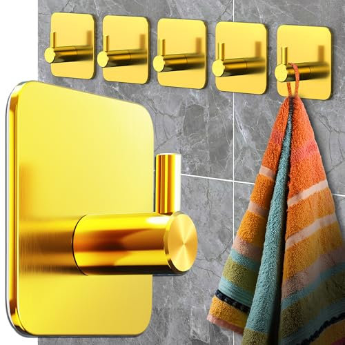 Menz Handtuchhalter ohne Bohren - 6 Stück goldene Badezimmer Handtuchhalter, Edelstahl Klebehaken, funktionale Haken, Haken selbstklebend, Handtuchhaken für Bad, Küche, mit wasserfesten Klebepads