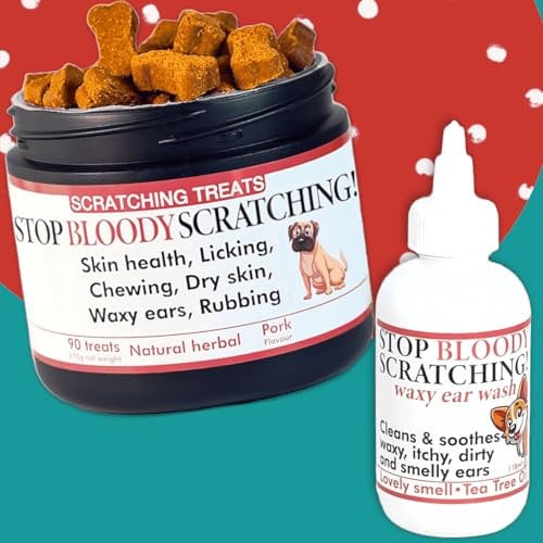 Stop Bloody Scratching - Allergy Relief Dog Treats & Ear Wash for Itchy Skin, Paws, Eyes & Ears - Stops Scratching, Licking & Chewing - Quick Relief in 30 Days - Salmon Oil & Omega 3 - For all Dogs