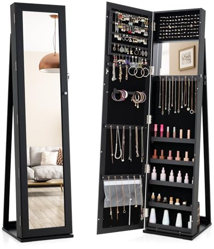 RELAX4LIFE Armoire à Bijoux avec Miroir Pleine Longueur, Armoire a Bijoux avec Miroir sur Pieds, Verrouillable avec Clés, 3 Étagères de Rangement, Miroir Bijoux sur Pieds pour Dressing Chambre, Noir