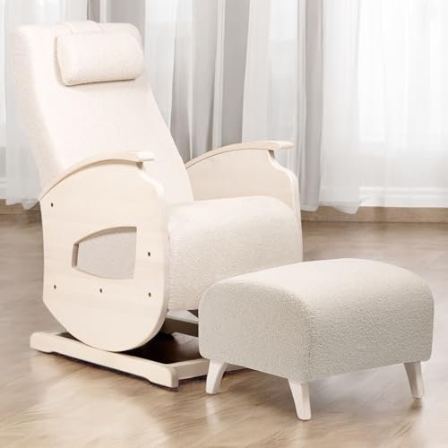 NeiLux Design Schaukelstuhl mit Hocker – Handgefertigter Schaukelstuhl – Gemütlicher Schwingsessel mit Armlehnen für Wohnzimmer, Schlafzimmer & als Lesesessel – Relax Sessel (White)