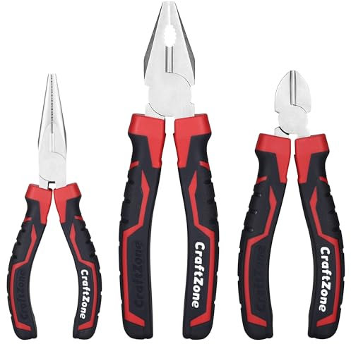 CraftZone 3-Piece Pliers Set (6 Long Nose, 6 Diagonal Cutting, 8 Combination Pliers) Carbon Steel | Ergonomic Grip Soft Handle| Matte Finish