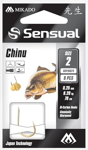 8 x MIKADO CHINU 70cm fertig gebundene goldene Angelhaken Maishaken Karpfenhaken #10/0,18mm