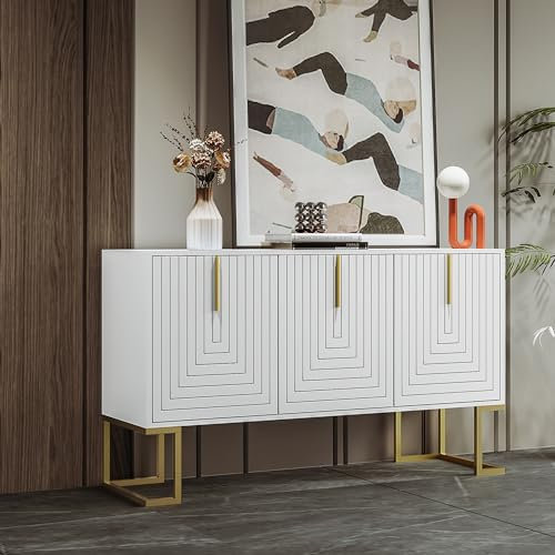 IDEASY Mueble de cocina de 3 puertas con estantes ajustables, puertas en forma de U y tiradores de metal, mueble moderno para comedor o cocina con base blanca