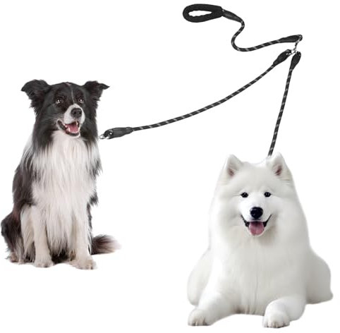 Doppelleine für 2 Hunde, Keine Verwicklung Leine für 2 Hunde, 360° Drehbare, Reflektierende Hundeleine mit Gepolsterten Griffen, Lauftraining für Kleine, Mittlere und Große Welpe (Schwarz, Groß)