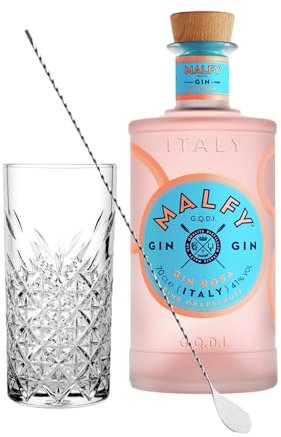 Set Cocktail Premium con 2 Bicchieri Tumbler in Vetro, 30cl, per Gin (Gin Malfy Pompelmo Rosa 70cl, + 1 Bicchiere)