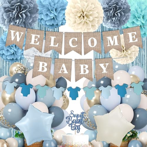 Dusty Blue Baby Shower Decorations, Boy Baby Shower Decor Set with Welcome Baby Banner, Paper Pom Poms, Sweet Baby-Boy Cake Topper, Fog Blue White Gold Balloons, Boho Baby Boy Shower Party Supplies
