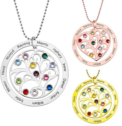Collier Personnalisé Arbre Généalogique et de Vie avec Pierres de Naissance Noms Prénom - Cadeau pour Mères Grand-mère Maman la Fête des Mères - Bijoux Personnalisés Générationnel pour leurs Proches