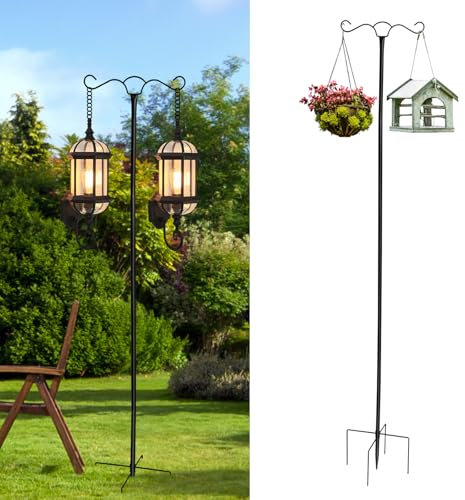 Fyeme Schäferhaken Garten 196 Cm Schäferstab mit Doppelhaken Rostfrei 5 Zackiger Sockel Metallstab Garten zum Aufhängen von Vogelhäuschen Pflanzkörben Windspielen Solarlaternen Lichterketten