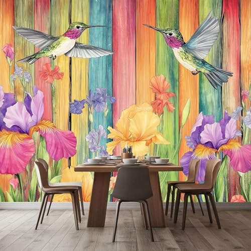 Fototapete 3D Effekt Aquarell Vögel Schwertlilien Zaun Vliestapete Wohnzimmer Schlafzimmer Vlies Tapete Wandtapete UV-Beständig 200 x 140 cm Fototapete Study Zimmer Restaurant Deko, Salbeigrün Orange