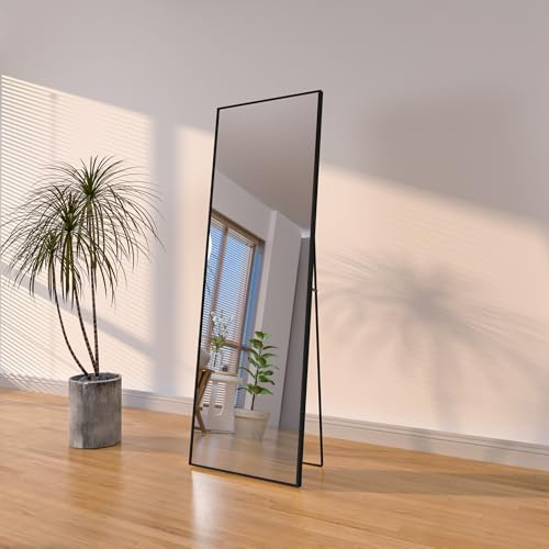FANYUSHOW Ganzkörperspiegel Temperiertes Glas Wandspiegel mit Aluminiumrahmen – Bodenstehend, Wandmontage, Anlehnen, Standspiegel für Schlafzimmer & Wohnzimmer,Schwarz 150x50cm