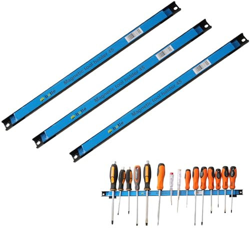3 x Magnetleiste Werkzeug Metallstreifen Länge 45 cm Schwarz Werkzeughalter Starker Magnet, mit Befestigungslöchern, Schrauben und Dübel inklusive für Schraubendreher, Zangen, Bohrer und mehr