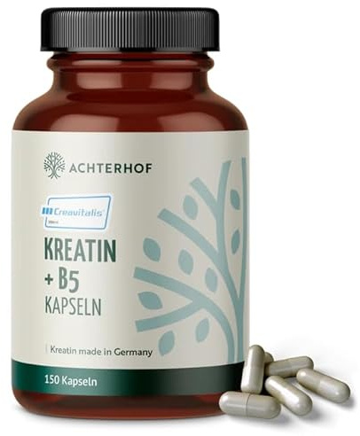Creavitalis® Kreatin+B5 Kapseln | 150 Stück | Kreatin made in Germany | zur Unterstützung bei veganer oder vegetarischer Ernährung | für 75 Tage | Achterhof
