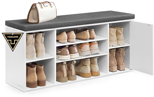 SONGMICS HOME Schuhbank, Snapsemble superschnelle Montage, offene Fächer | Sitzbank mit Stauraum, Schuhschrank, verstellbar, schneeweiß-schiefergrau, KADIN Kollektion LHS391WE01