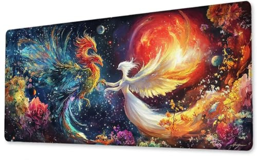 Mousepad Großes Gaming Mauspad XXL Phoenix 600x300x3 mm Schreibtischunterlage rutschfeste Gummibasis Wasserdicht und Langlebig Tastatur Unterlage für Gaming,Büro,Zuhause Extra Vernähten Kanten zj-652