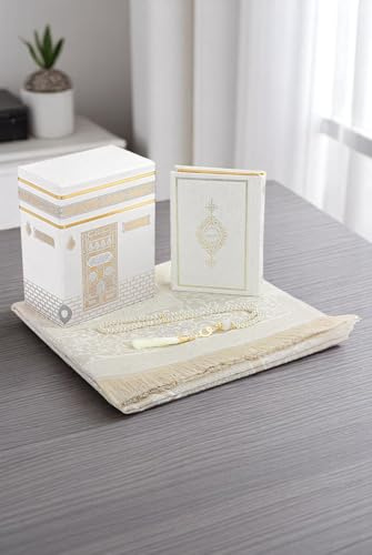 ihvan online, Gebetsteppich und Koran mit Gebetsperlen, Kaaba-Dekorbox, Islamisches Geschenk für Frauen & Männer, Elegantes Islam-Set für Ramadan, Eid, Umrah, Geburtstag, Reise, Weiß-2